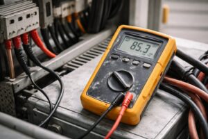 Pomiar rezystancji izolacji w rozdzielni elektrycznej z miernikiem i przewodami pomiarowymi w technicznym ujęciu