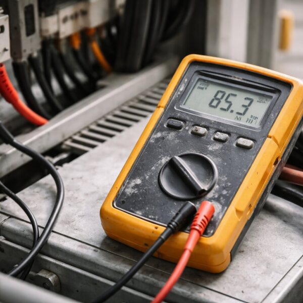 Pomiar rezystancji izolacji w rozdzielni elektrycznej z miernikiem i przewodami pomiarowymi w technicznym ujęciu