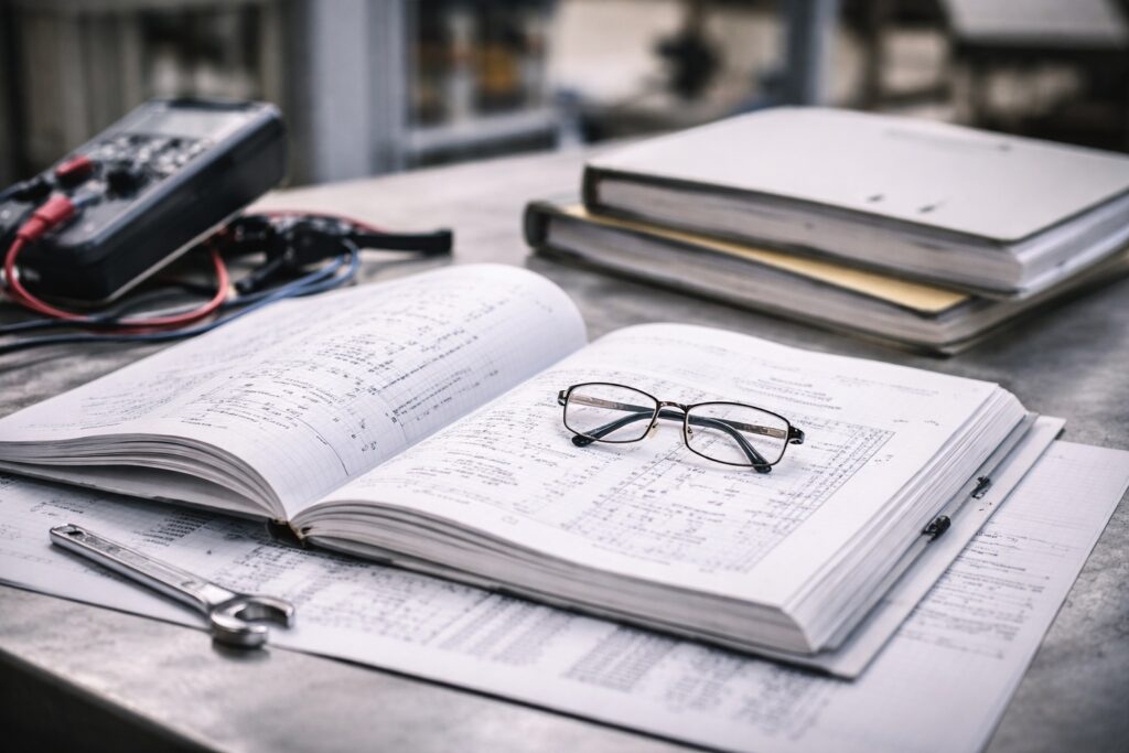 Dokumentacja techniczna maszyny na stole warsztatowym z miernikiem, narzędziami i otwartym segregatorem w przemysłowym otoczeniu