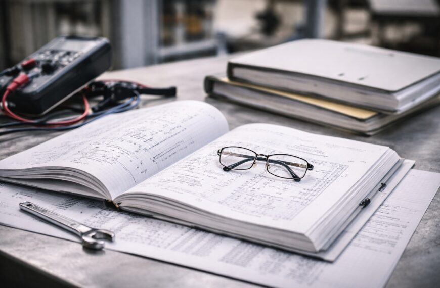 Dokumentacja techniczna maszyny na stole warsztatowym z miernikiem, narzędziami i otwartym segregatorem w przemysłowym otoczeniu