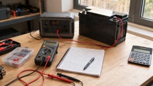 kalkulator Wh na Ah na stanowisku roboczym z akumulatorem, miernikiem i kalkulatorem