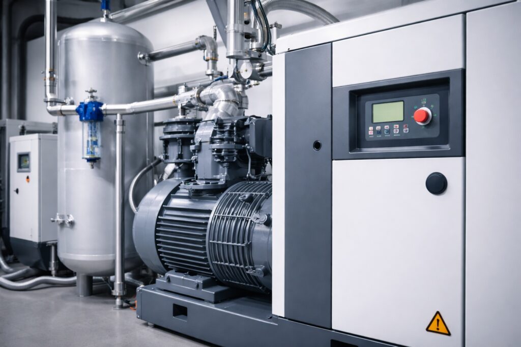 Przemysłowy kompresor powietrza z instalacją rurową i armaturą w nowoczesnej hali technicznej