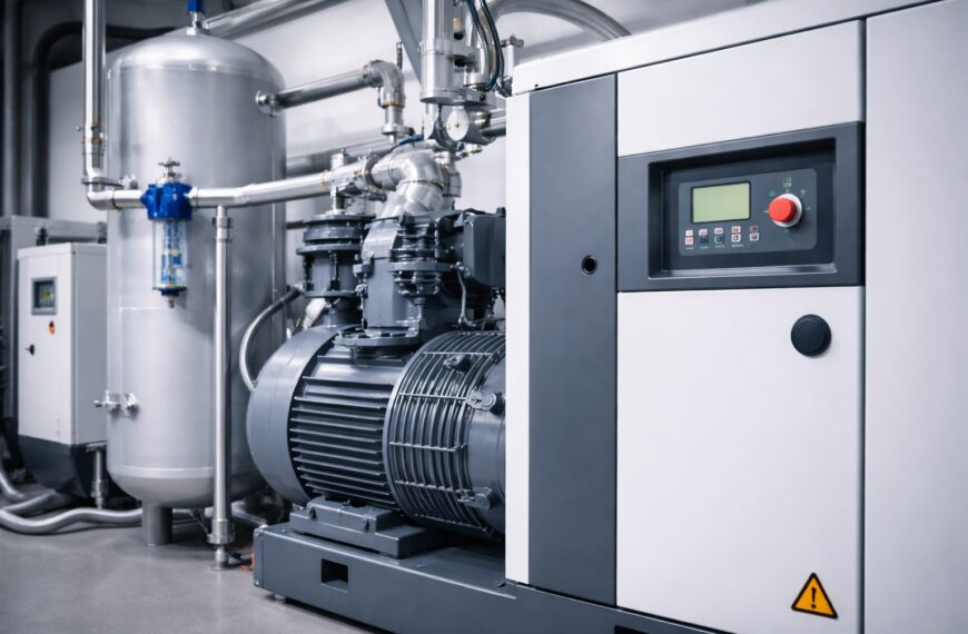 Przemysłowy kompresor powietrza z instalacją rurową i armaturą w nowoczesnej hali technicznej