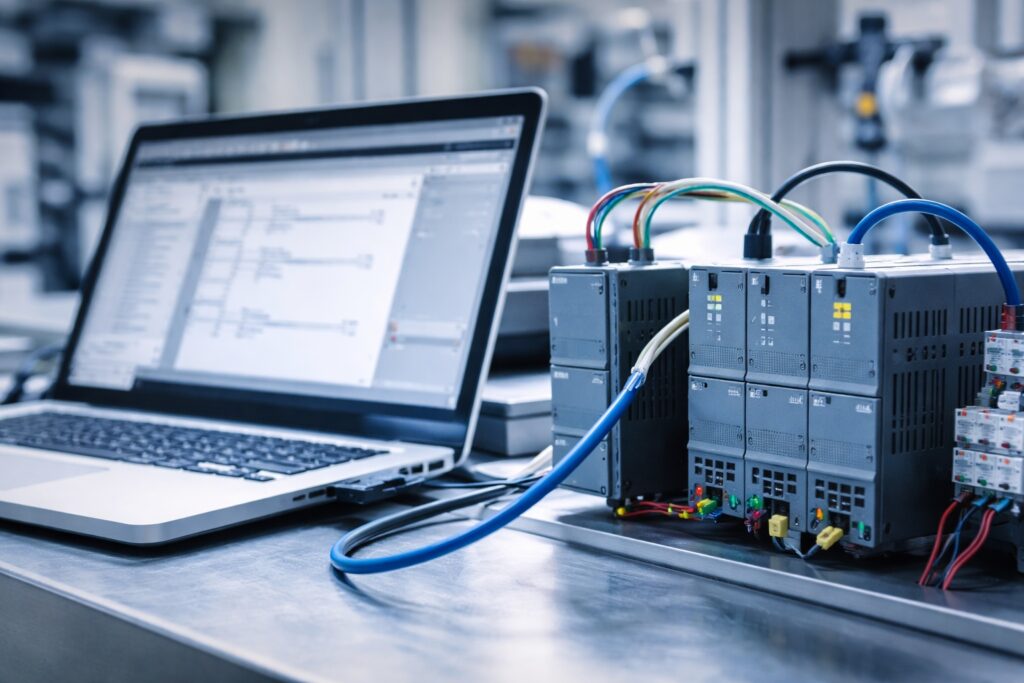 Stanowisko szkoleniowe PLC z laptopem i sterownikiem przemysłowym w nowoczesnym środowisku technicznym