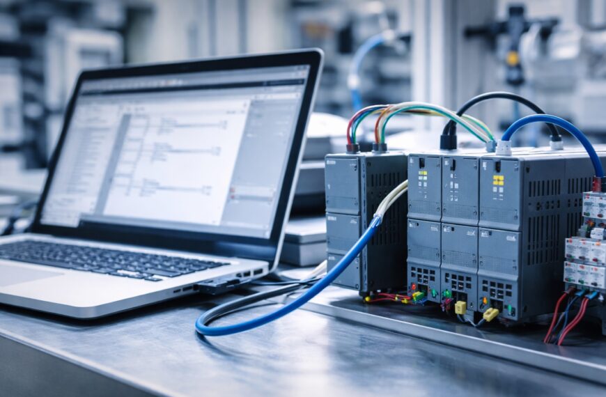 Stanowisko szkoleniowe PLC z laptopem i sterownikiem przemysłowym w nowoczesnym środowisku technicznym