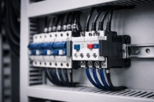 Przekaźnik termiczny i aparatura sterownicza zamontowane w przemysłowej szafie elektrycznej, z przewodami i elementami ochrony silnika