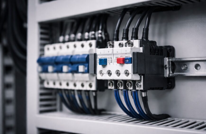 Przekaźnik termiczny i aparatura sterownicza zamontowane w przemysłowej szafie elektrycznej, z przewodami i elementami ochrony silnika