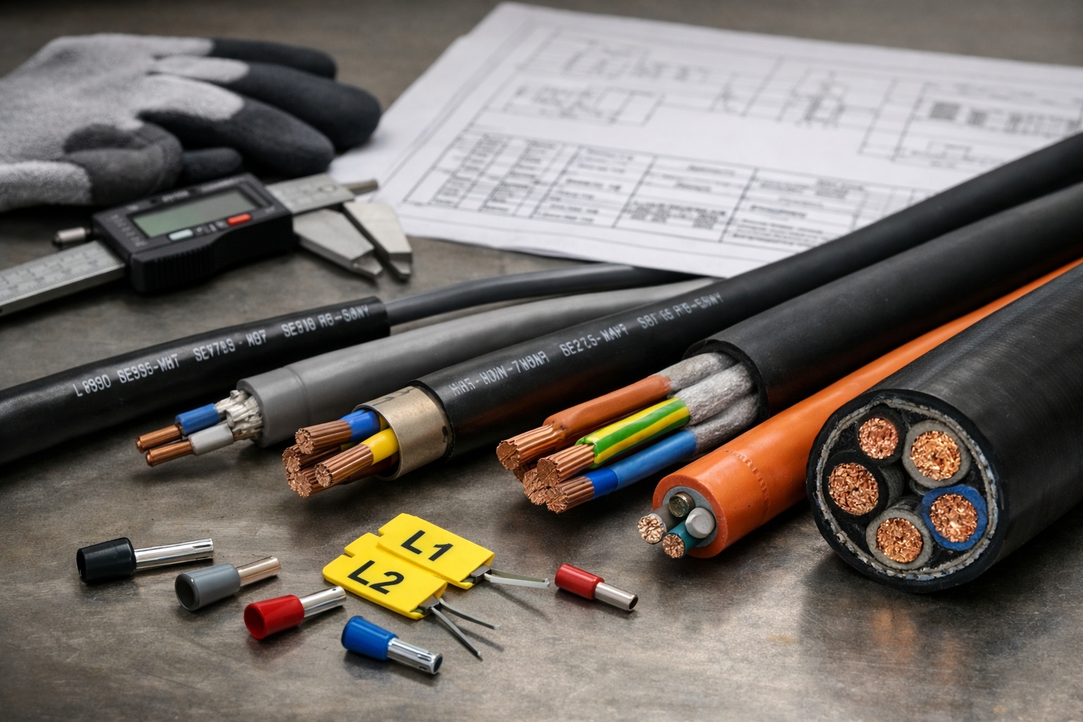 jak czytać oznaczenia kabli na przemysłowym stanowisku roboczym z przekrojami żył i narzędziami pomiarowymi