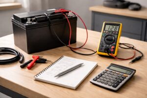 kalkulator czasu pracy akumulatora na stanowisku roboczym z baterią, miernikiem i notatnikiem