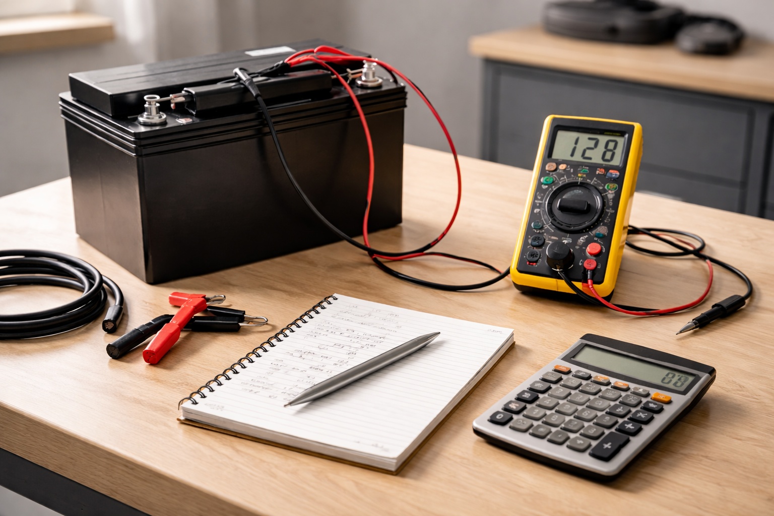 kalkulator czasu pracy akumulatora na stanowisku roboczym z baterią, miernikiem i notatnikiem