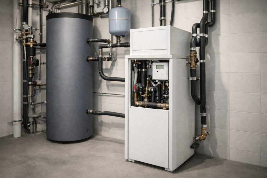 ile energii zużywa pompa ciepła 10 kw w nowoczesnej kotłowni z jednostką wewnętrzną i instalacją grzewczą