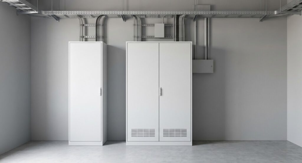 Kompensator mocy biernej w minimalistycznej rozdzielni elektrycznej z aparaturą modułową i przewodami, pokazany z dużej odległości.