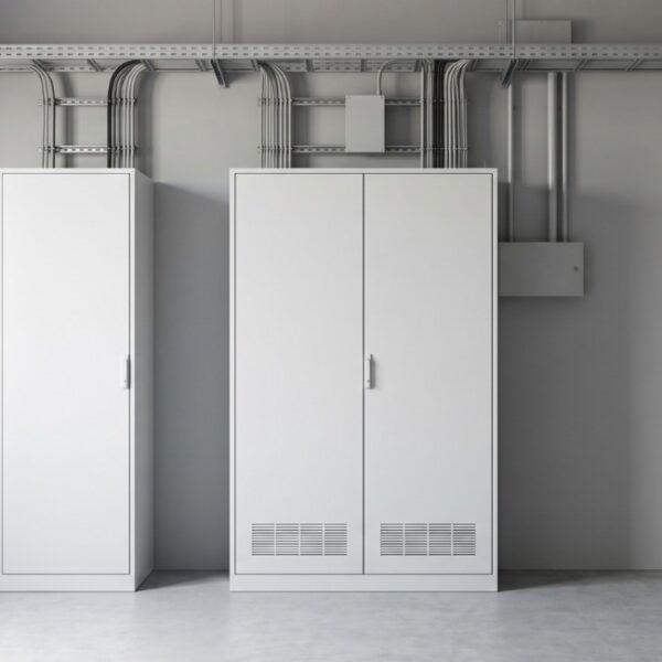Kompensator mocy biernej w minimalistycznej rozdzielni elektrycznej z aparaturą modułową i przewodami, pokazany z dużej odległości.