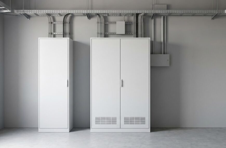 Kompensator mocy biernej w minimalistycznej rozdzielni elektrycznej z aparaturą modułową i przewodami, pokazany z dużej odległości.