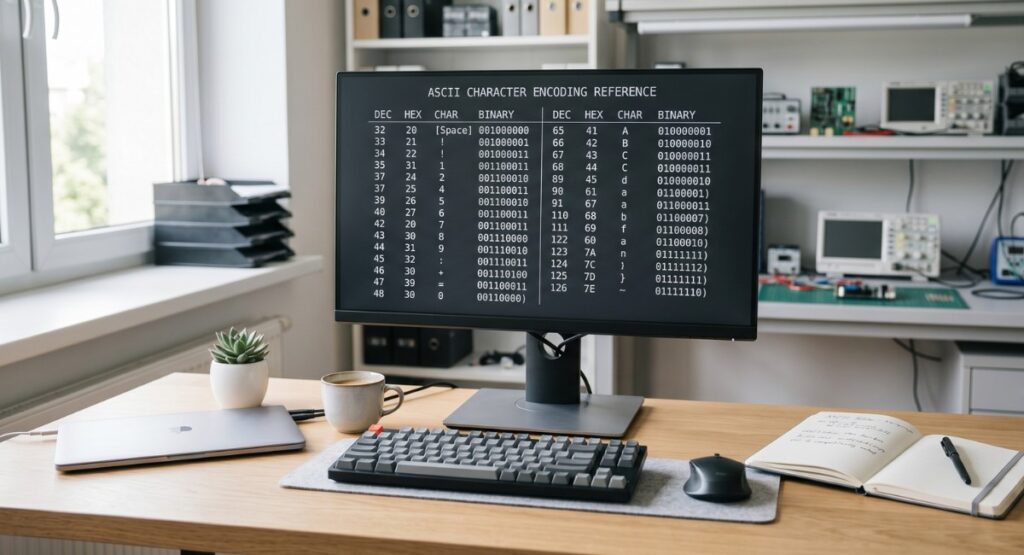 Minimalistyczne stanowisko techniczne z monitorem pokazującym tablicę ASCII, kody HEX i zapis binarny.