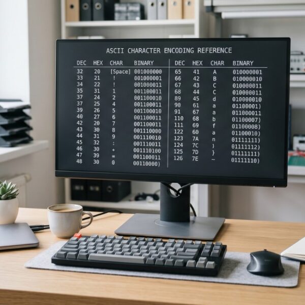 Minimalistyczne stanowisko techniczne z monitorem pokazującym tablicę ASCII, kody HEX i zapis binarny.