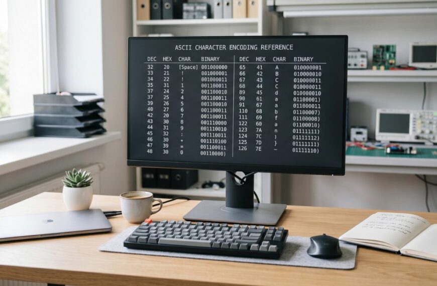 Minimalistyczne stanowisko techniczne z monitorem pokazującym tablicę ASCII, kody HEX i zapis binarny.